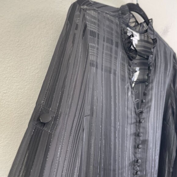 NEW Express Portofino Shirt Womens Large Slim Fit Black Sheer Ruffle Neck Blouse - Picture 10 of 11